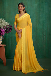 Elegant Yellow Chiffon Swarovski Ready to Wear Saree - Shop Now for Glamorous Style-RTW-4094